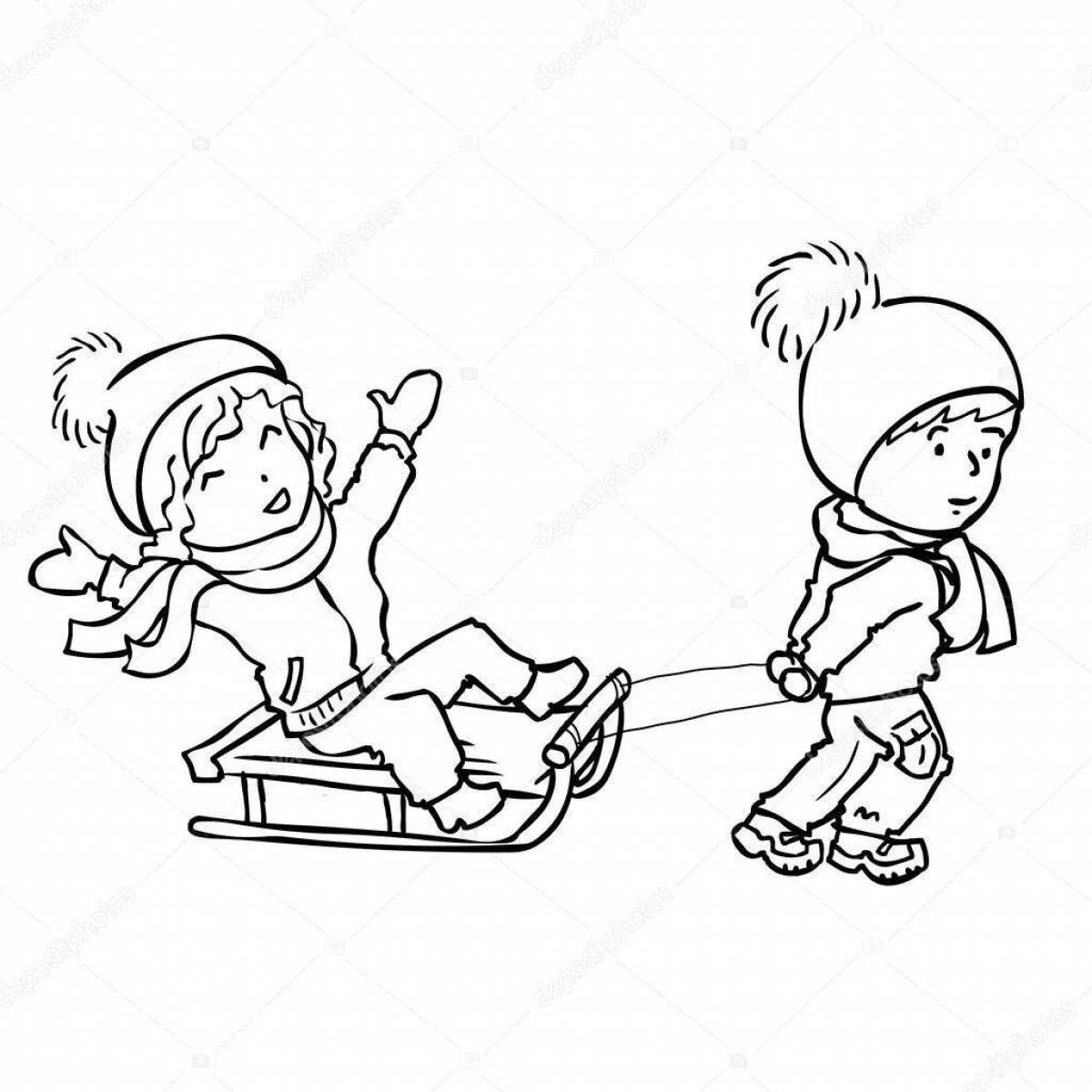 Bright children's coloring on a sled