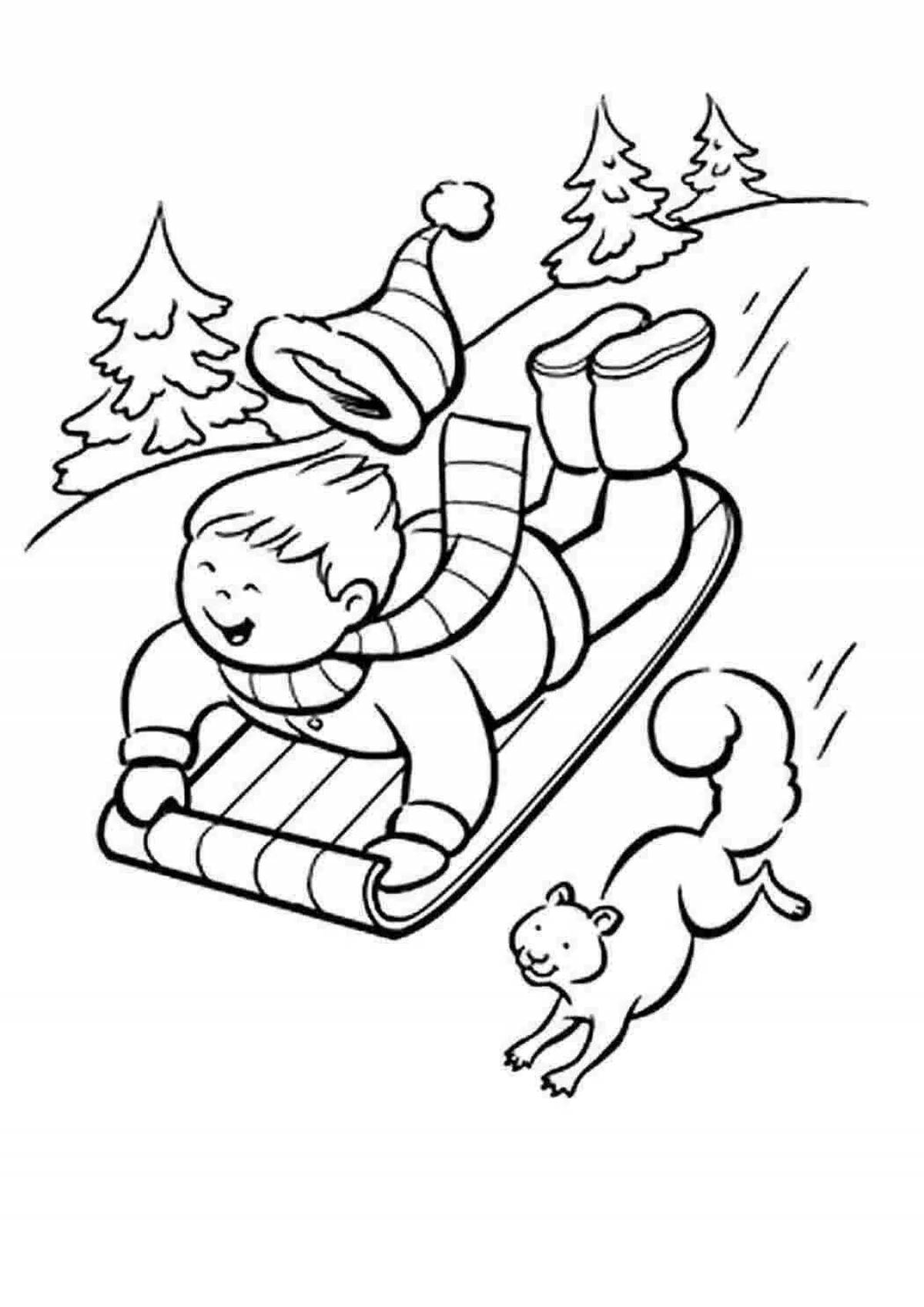 Раскраска возбужденный ребенок катается на санках