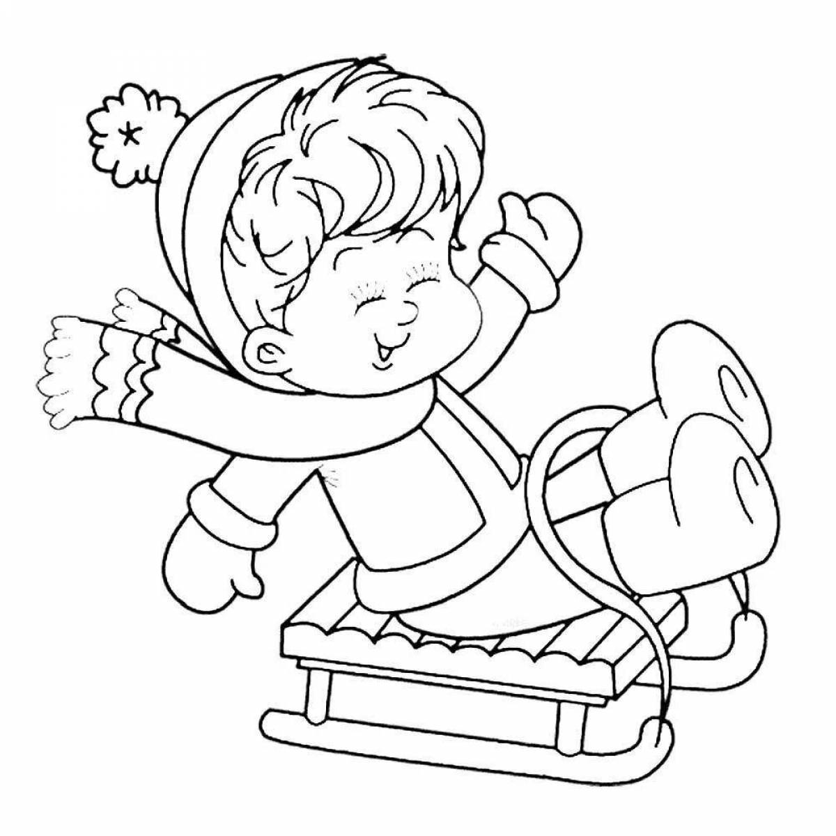 Lively coloring for children on a sled