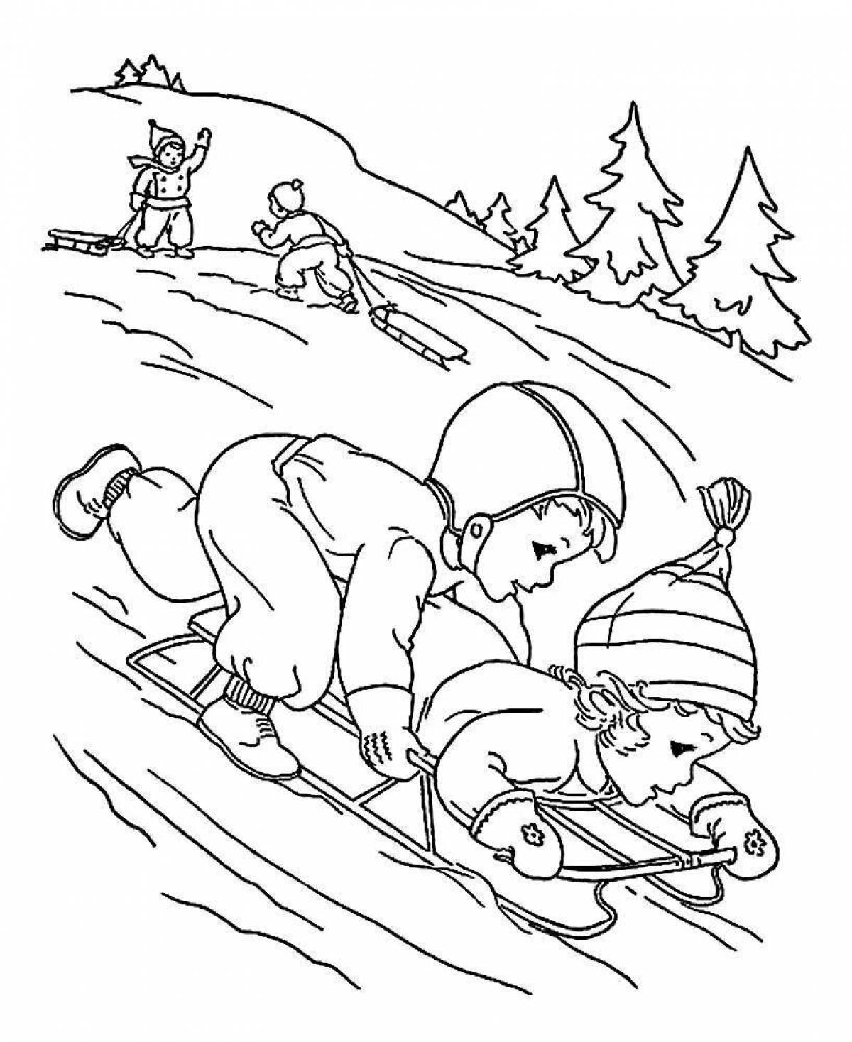 Coloring page of a jubilant child on a sled