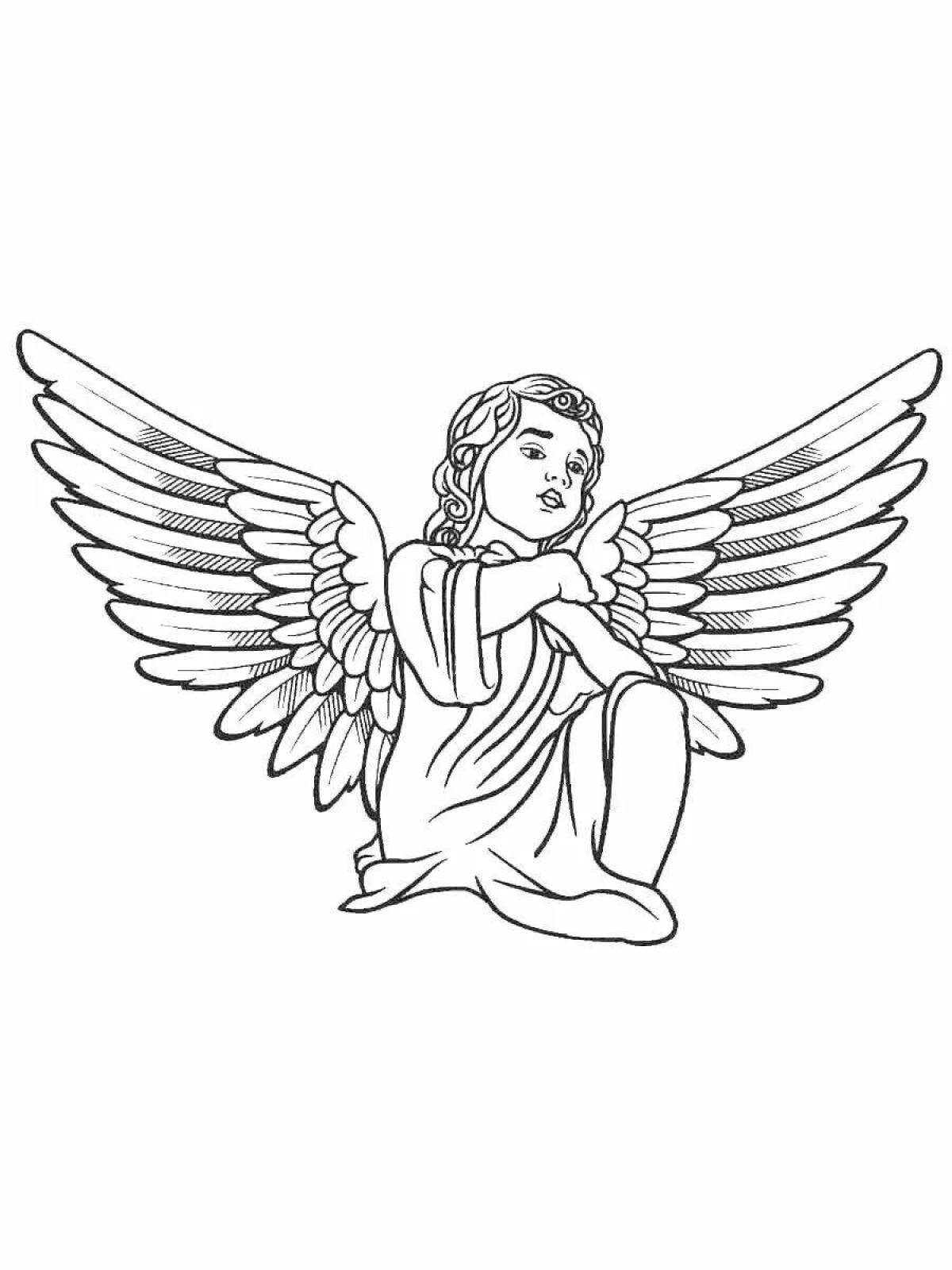 Раскраска Ангел с красивыми крыльями и с цветами