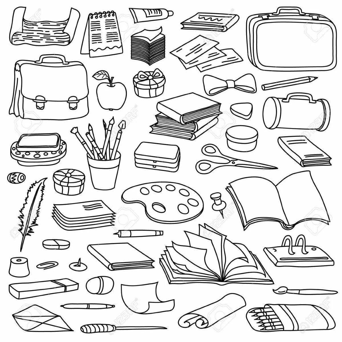 Colorful school supplies coloring pages for children