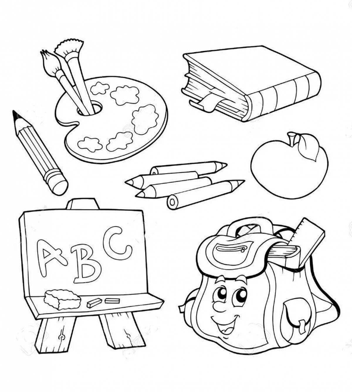 Fun coloring page of school items for kids