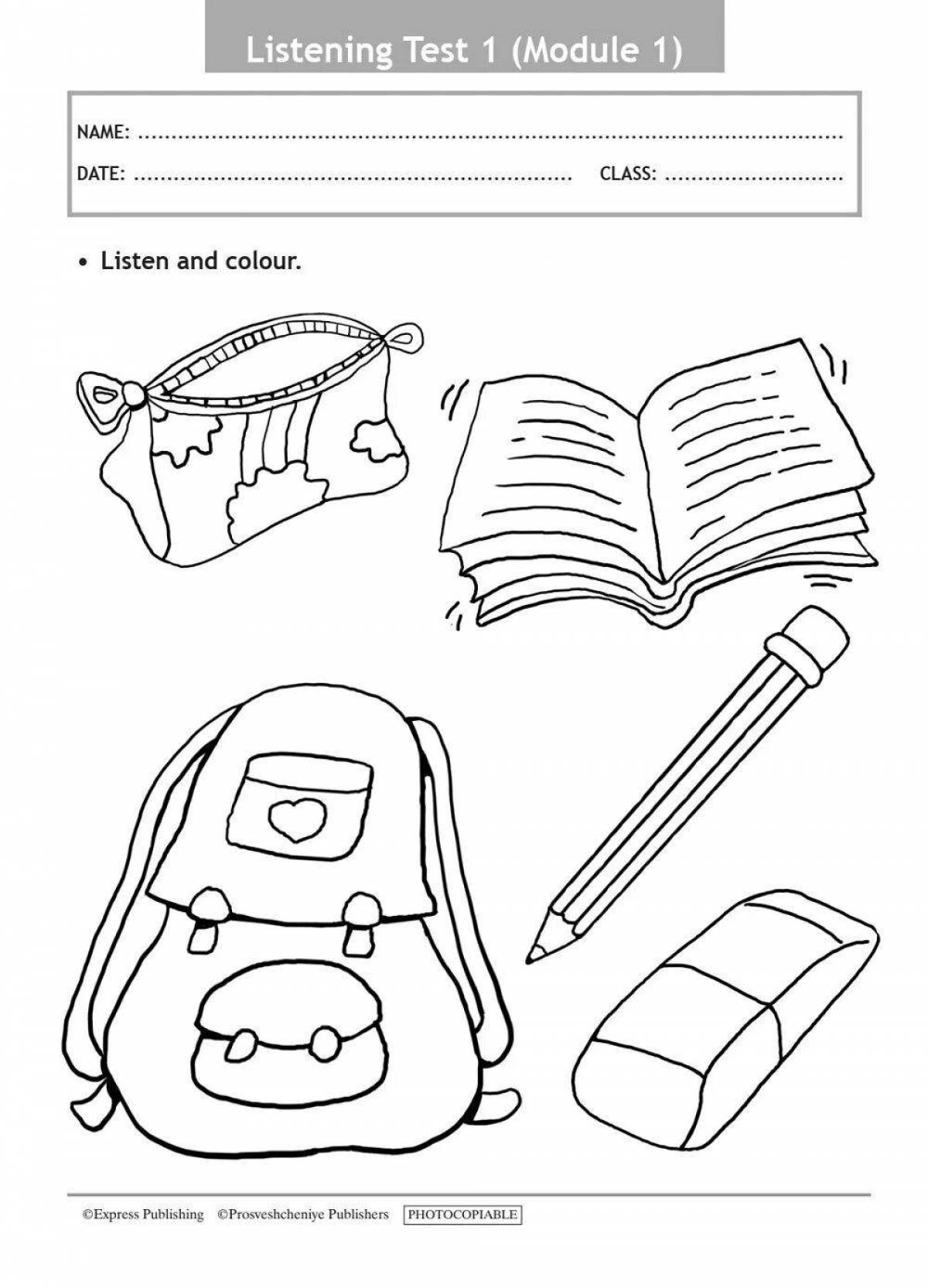 Colored school supplies coloring pages for children