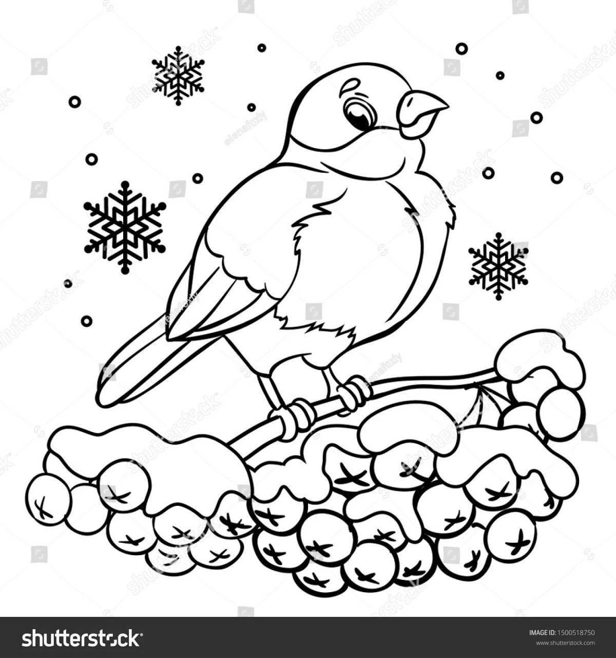 Coloring plush bird on a branch in winter