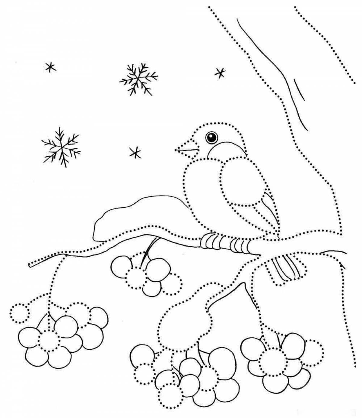Coloring book fluttering birds on a branch in winter