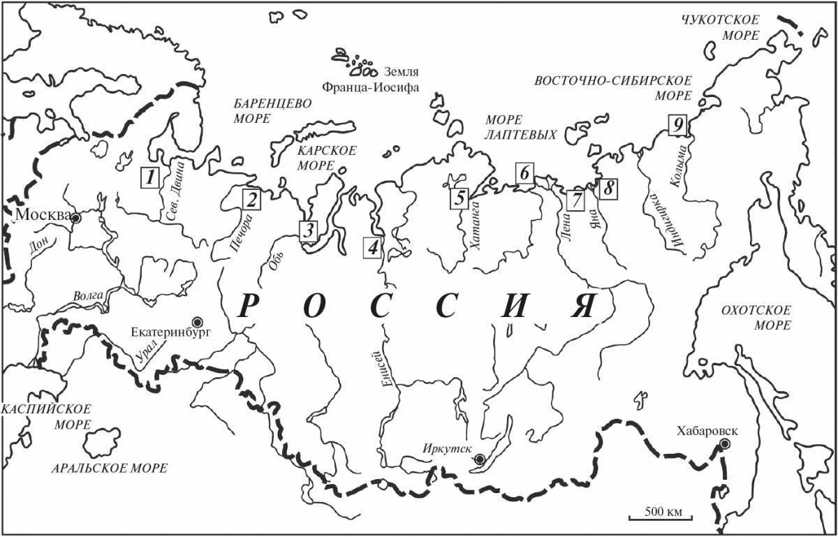 Контурная карта России с указанием городов