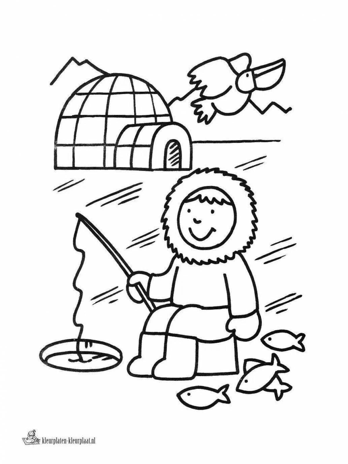 Happy eskimo kids coloring page