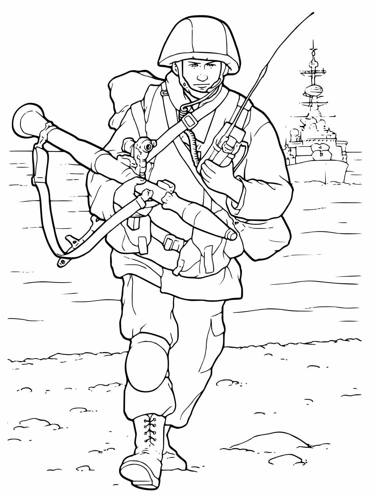 Cheerful modern soldier coloring for kids