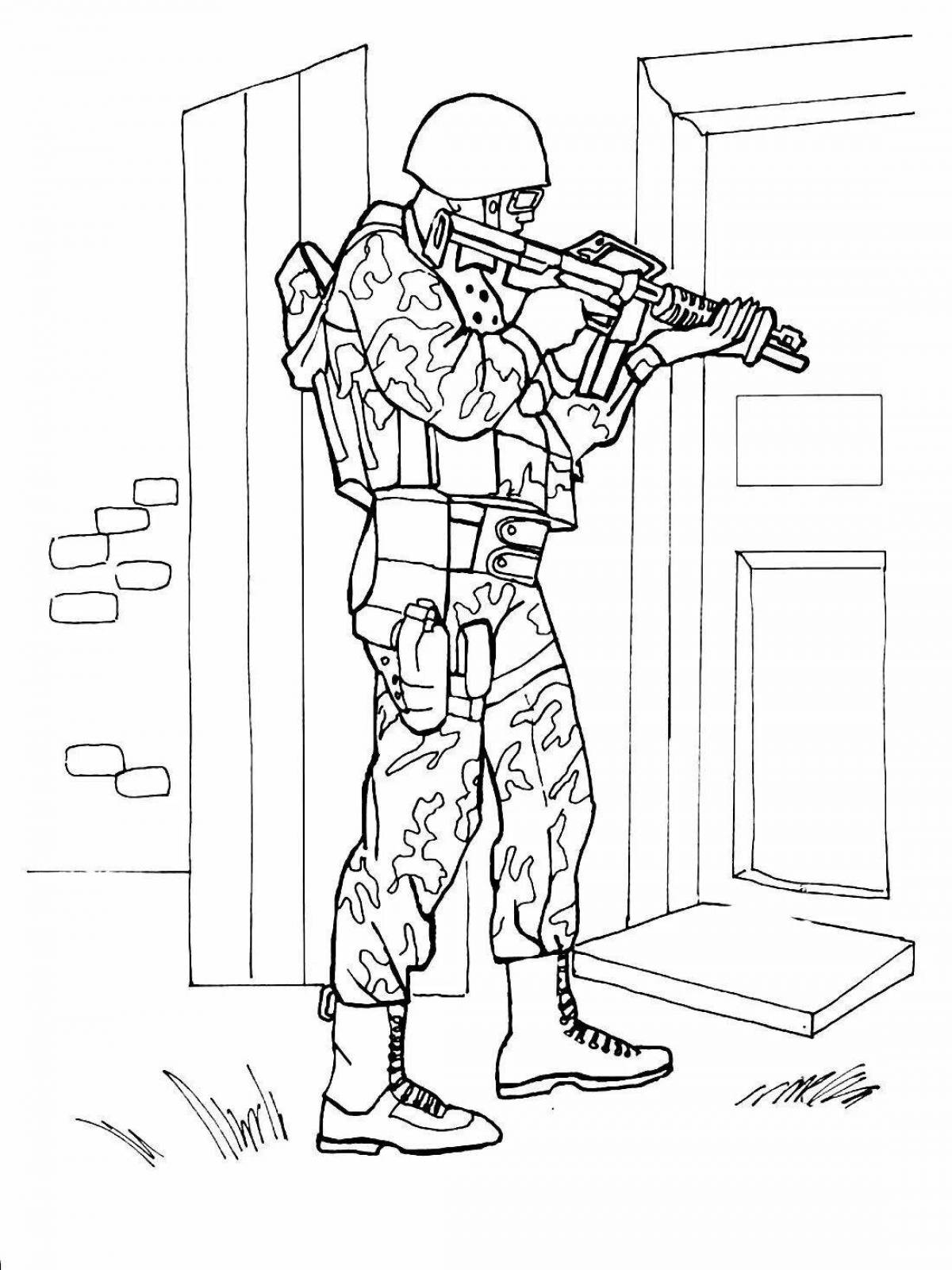 Intriguing modern soldier coloring book for kids