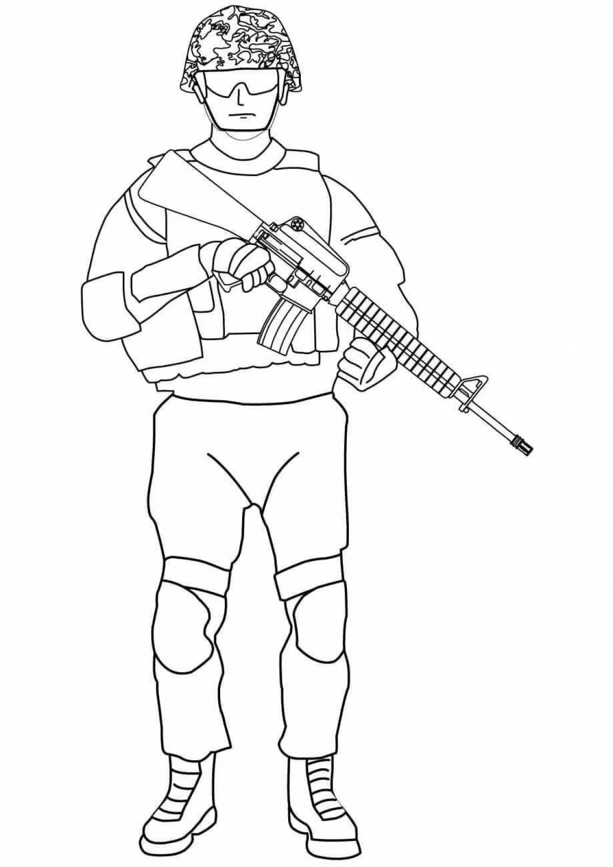 Realistic modern soldier coloring book for kids