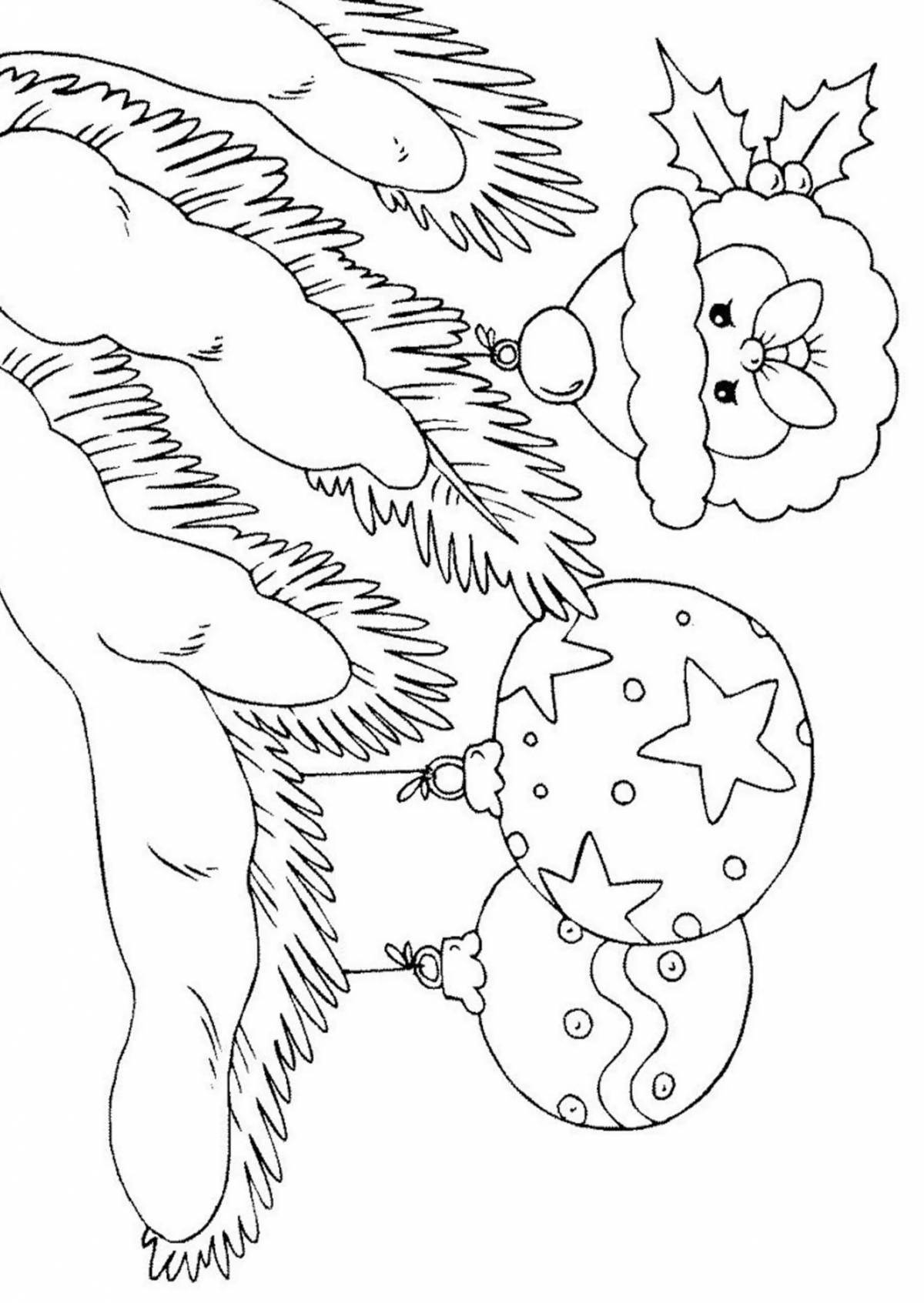 Adorable coloring book fir branch with toys