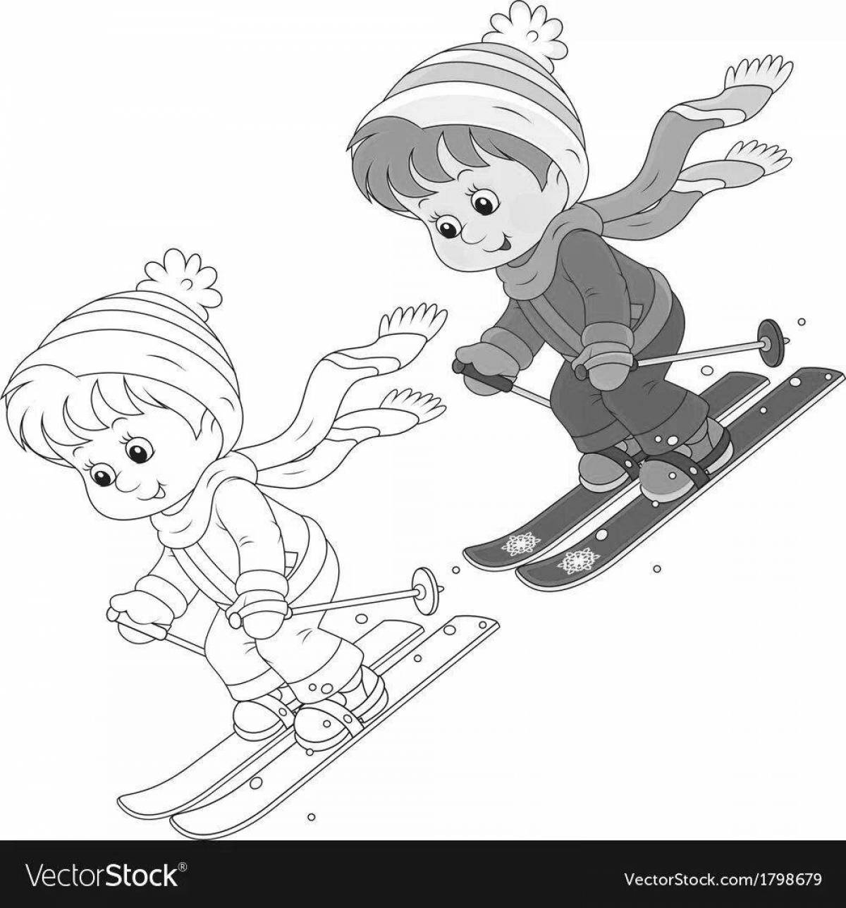 Яркие дети катаются на лыжах зимой
