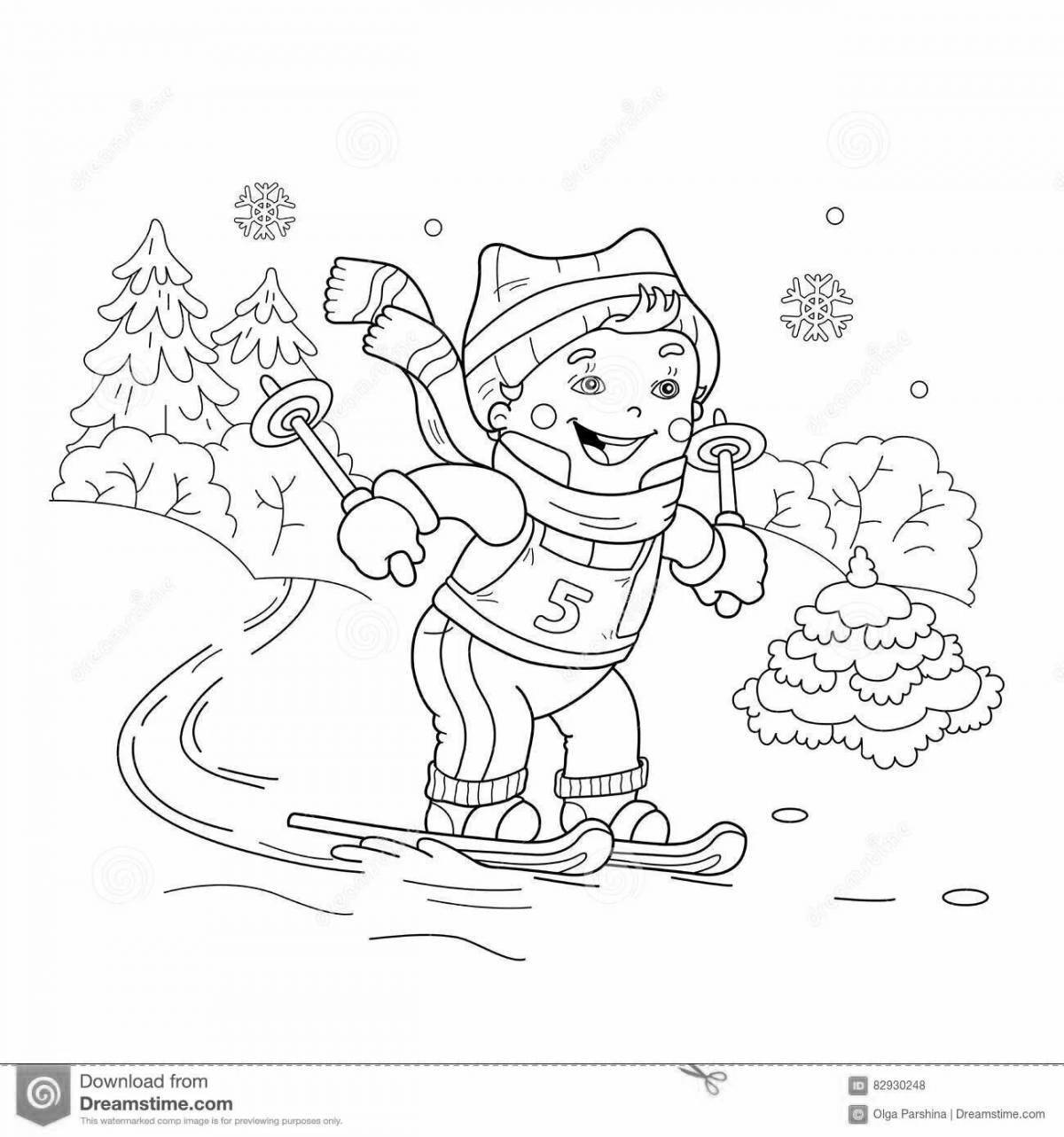 Colorful children skiing in winter