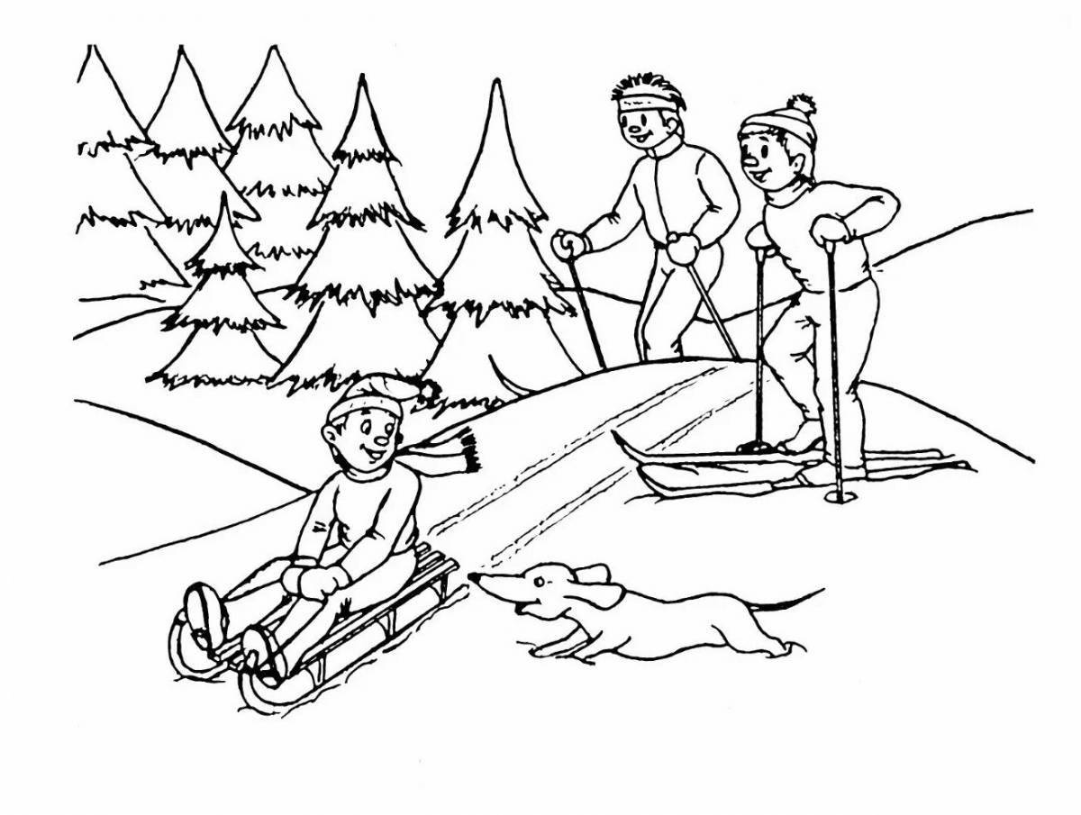 Динамичное катание детей на лыжах зимой