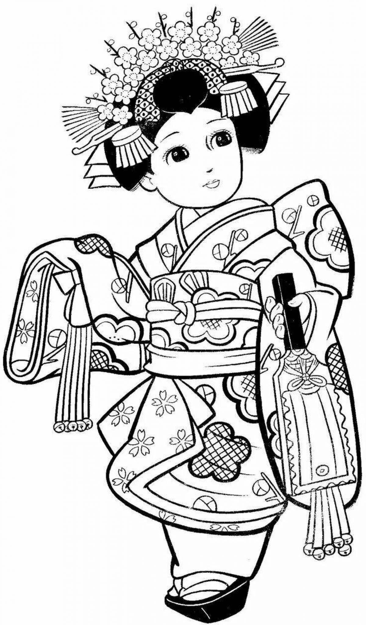Красочная страница раскраски японского кимоно для детей