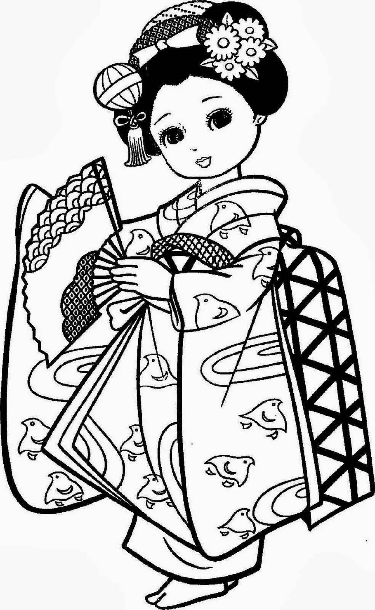 Яркая японская раскраска кимоно для детей