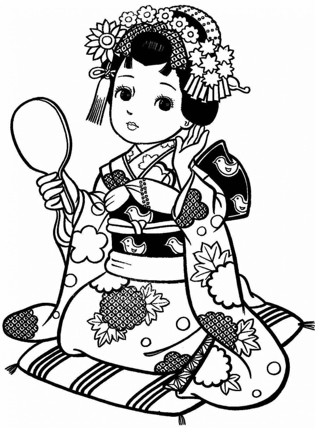 Радостная японская раскраска кимоно для детей