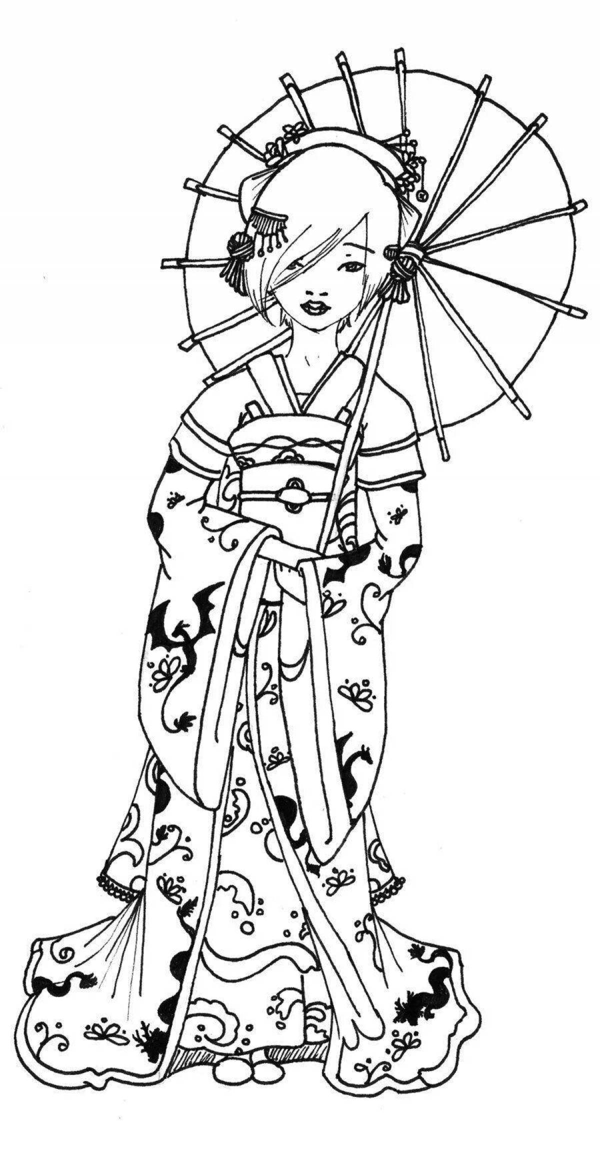 Elegant japanese kimono coloring book for kids