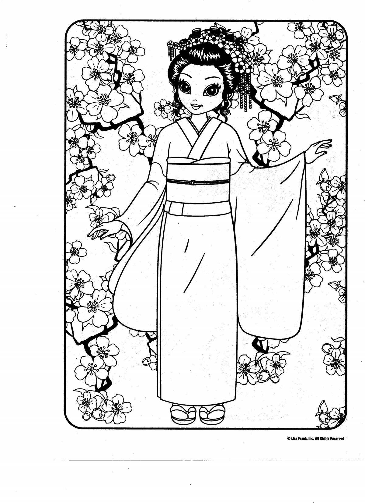 Привлекательная японская раскраска кимоно для детей