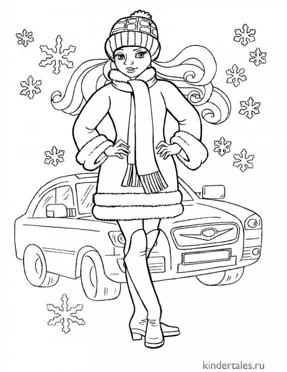 Radiant coloring page doll in winter clothes