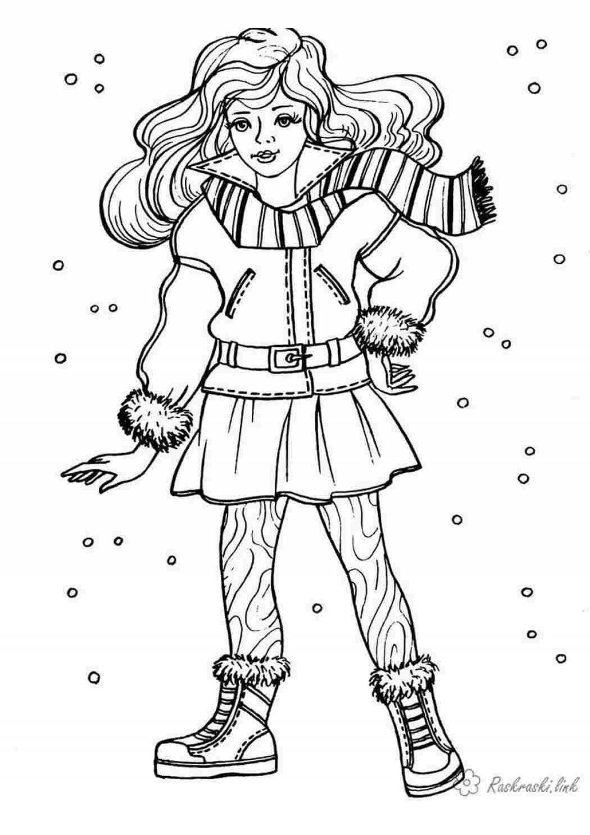 Блестящая раскраска кукла в зимней одежде
