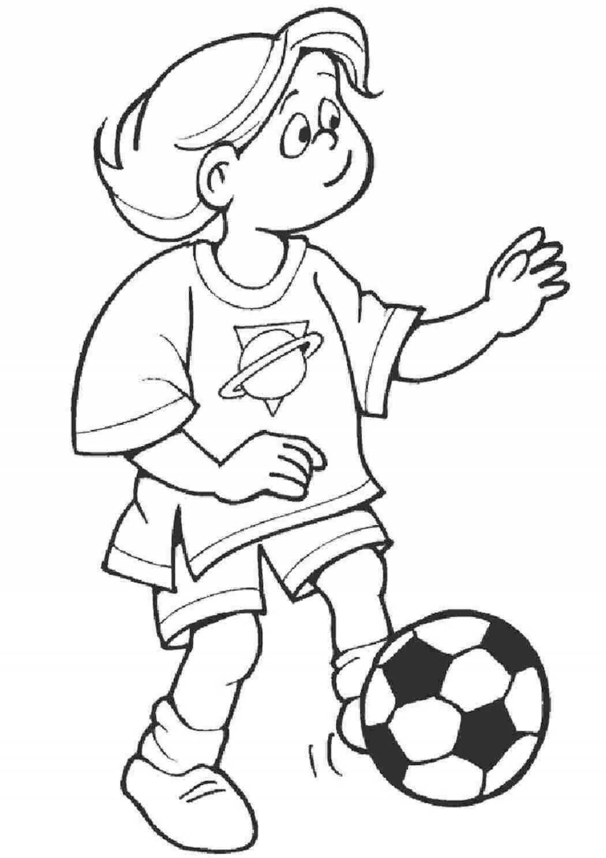 Coloring page of a joyful boy playing football