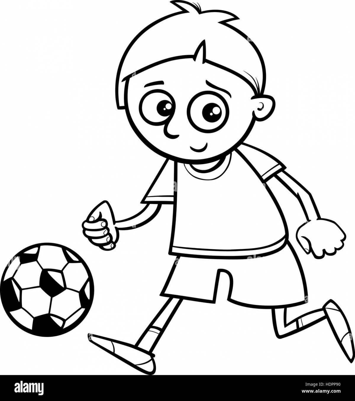 Coloring page of a cheerful boy playing football