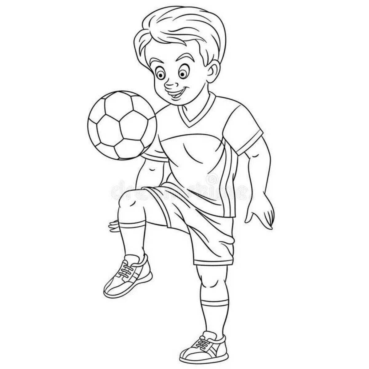 Coloring page cheerful boy playing football
