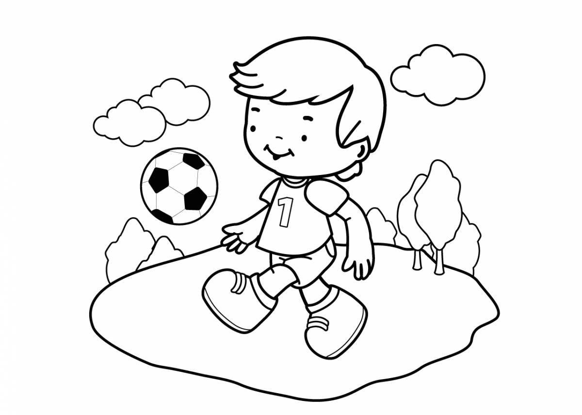 Раскраска довольный мальчик, играющий в футбол