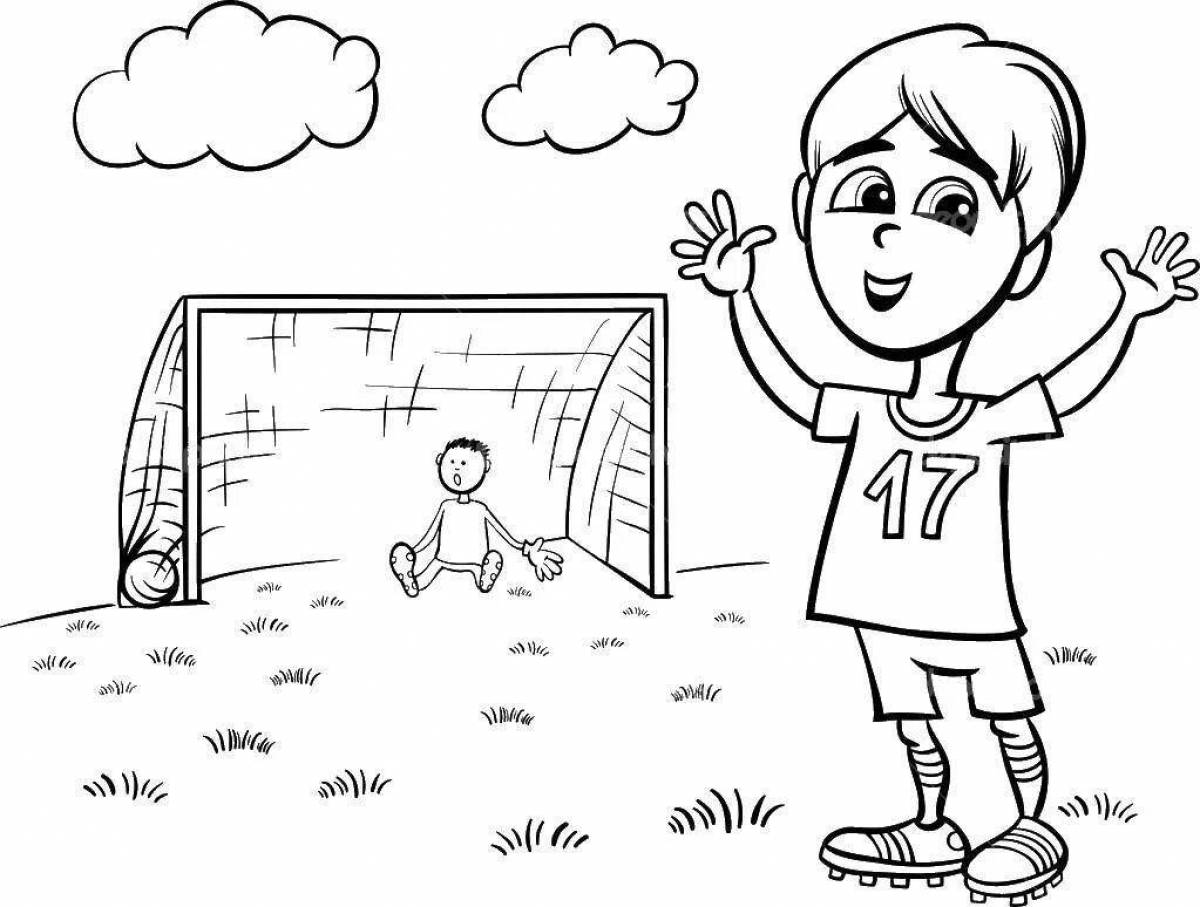 Coloring page grinning boy playing football