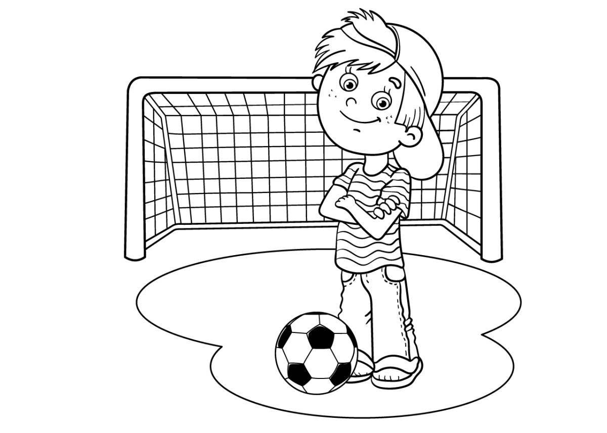 Coloring book smiling boy playing football