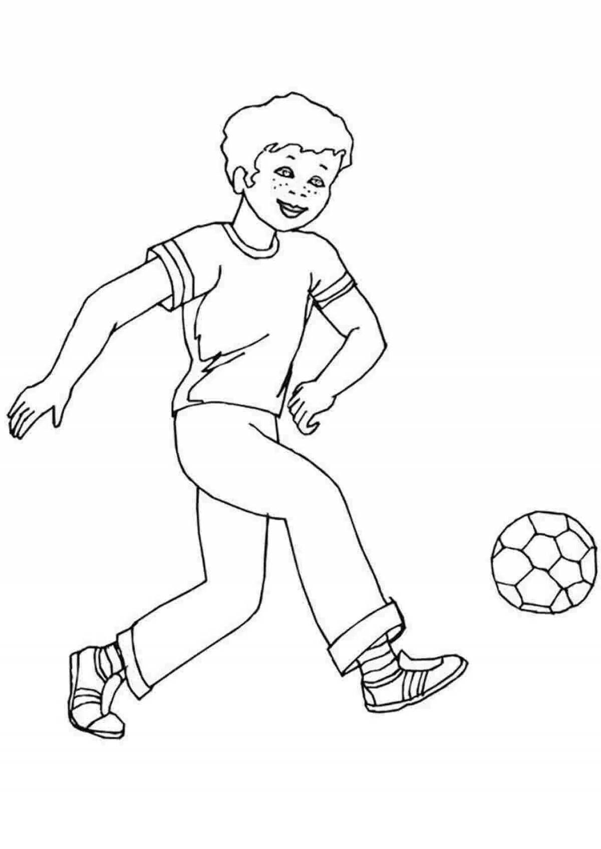 Мальчик в приподнятом настроении, играющий в футбол раскраска