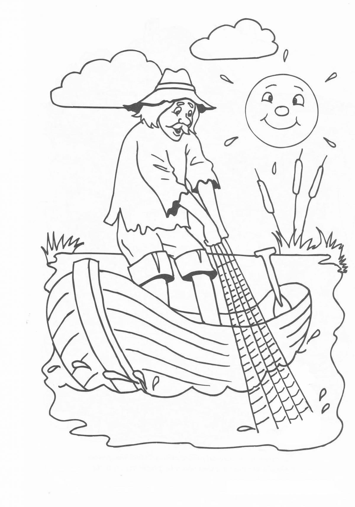 Adorable old man coloring page with goldfish