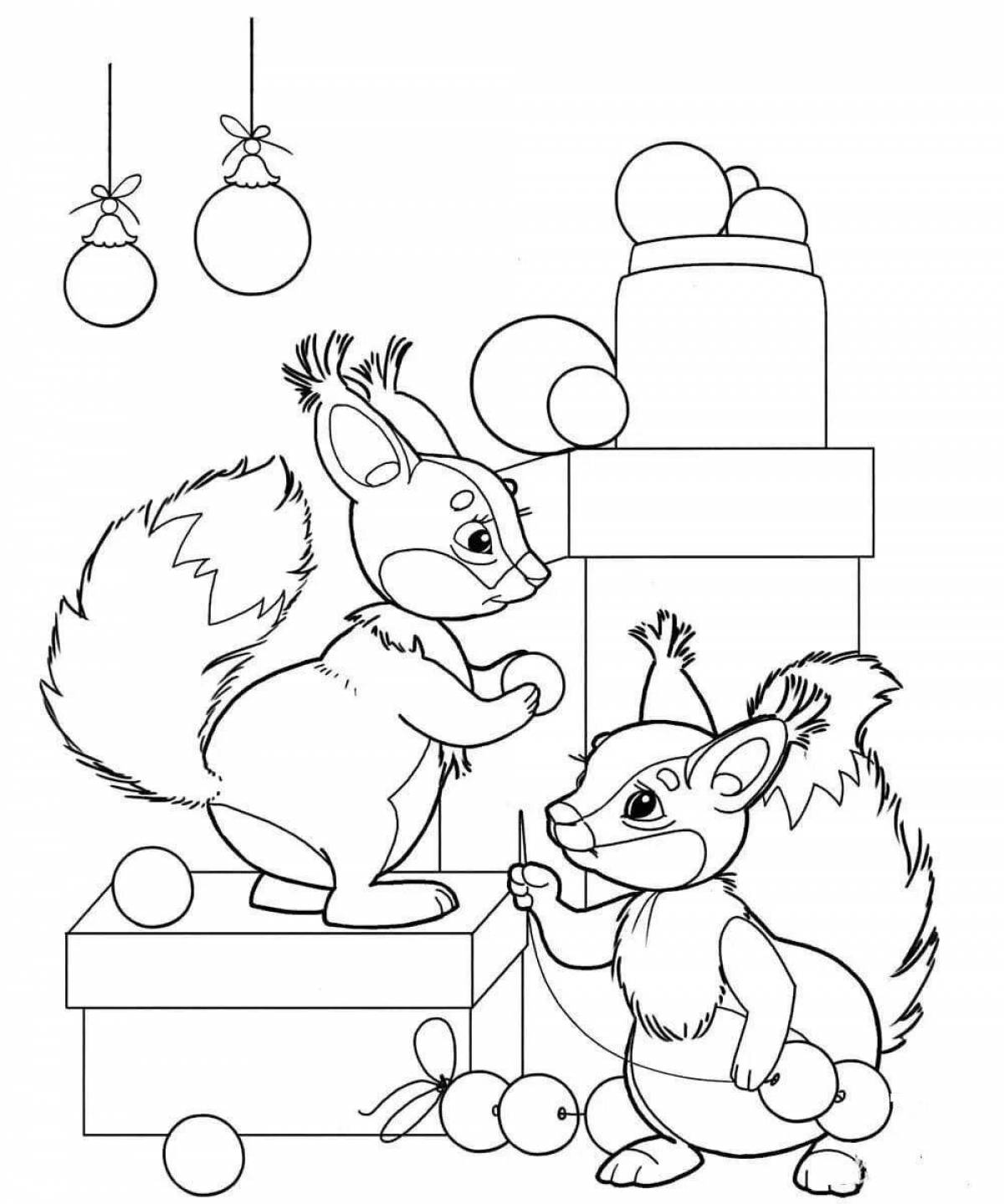Coloring page joyful winter squirrel