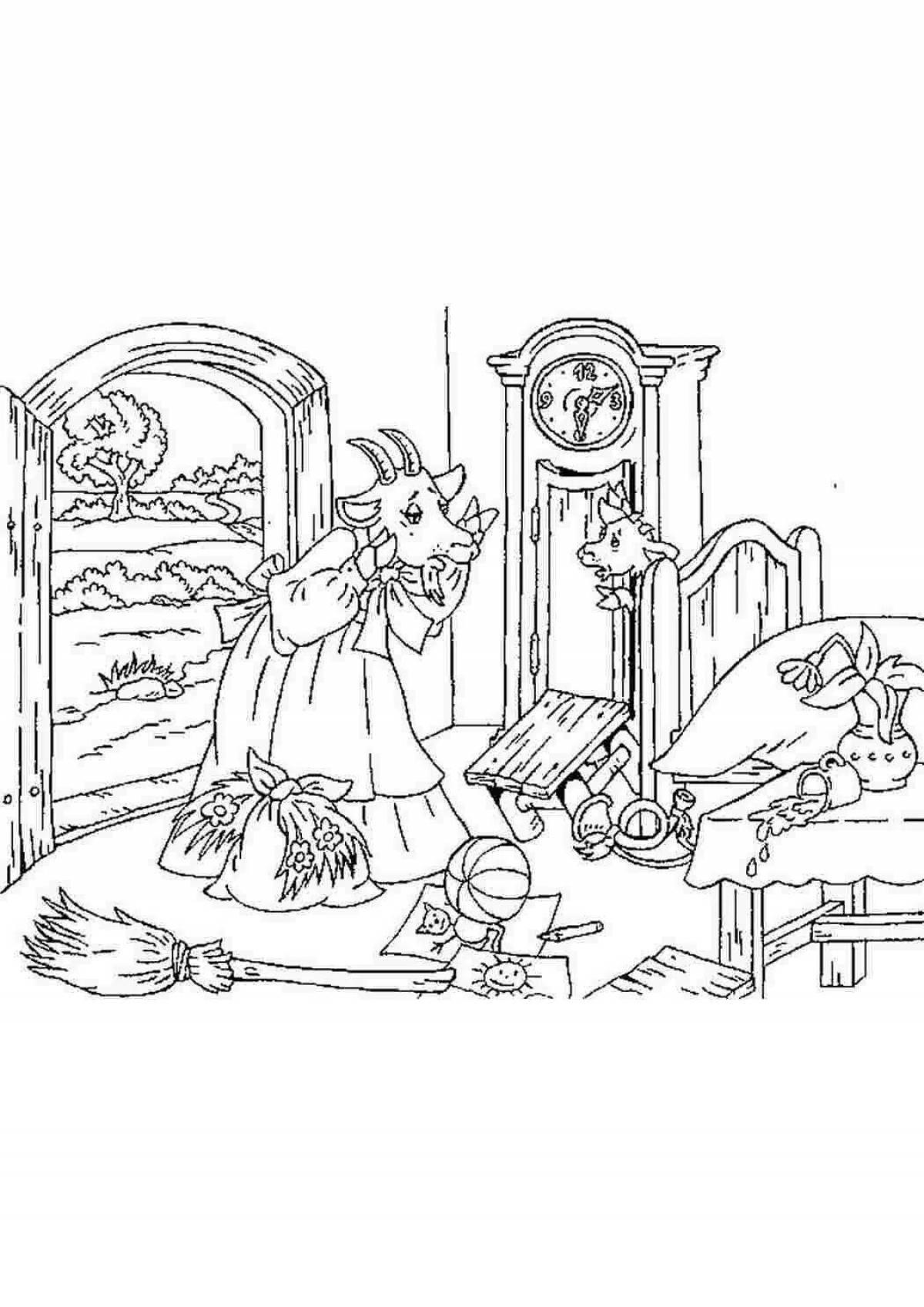 Colorful goat and seven kids coloring page