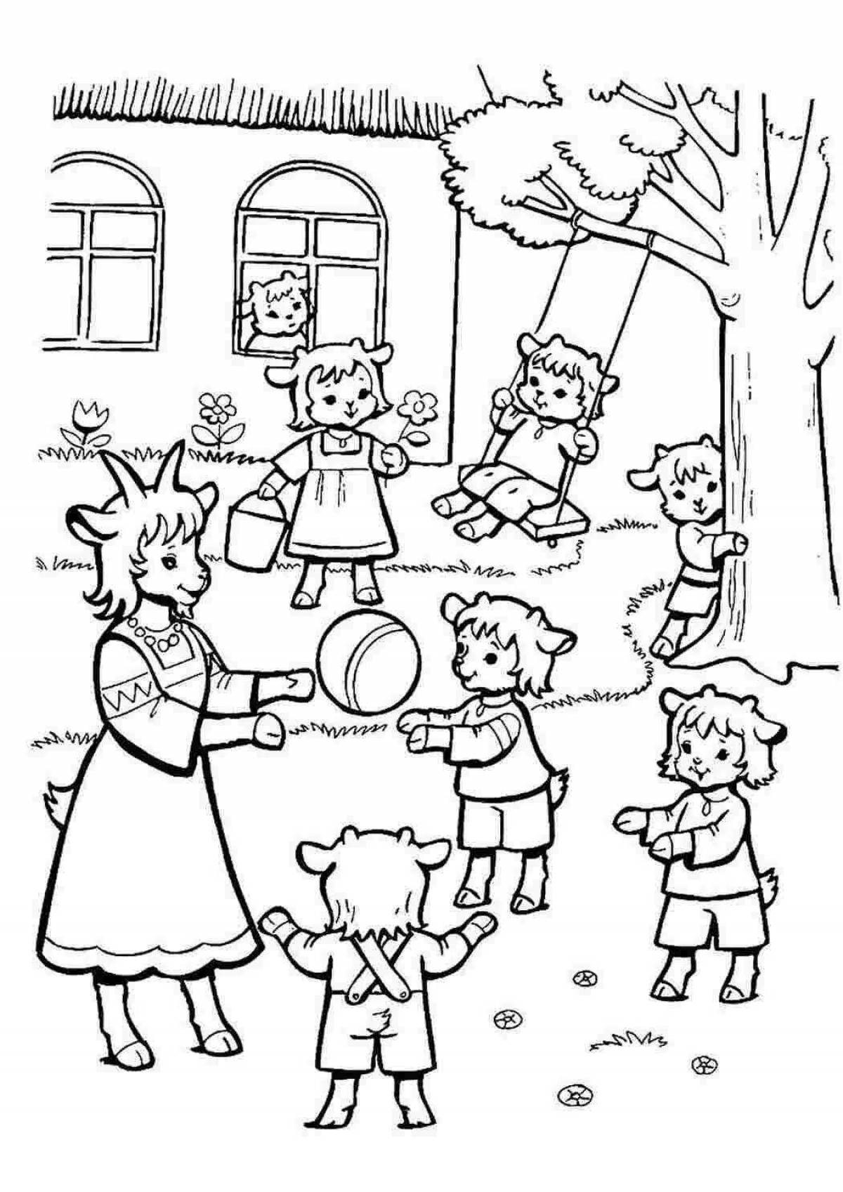 Coloring book shining goat and seven kids