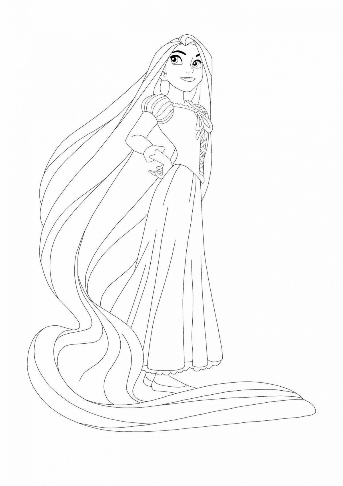 Изысканная страница раскраски принцессы с длинными волосами