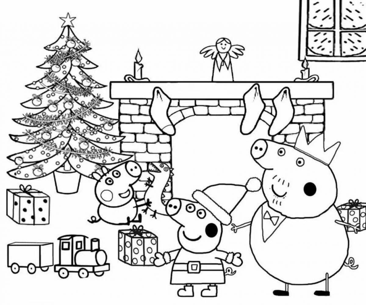 Christmas coloring page peppa pig with colorful splashes