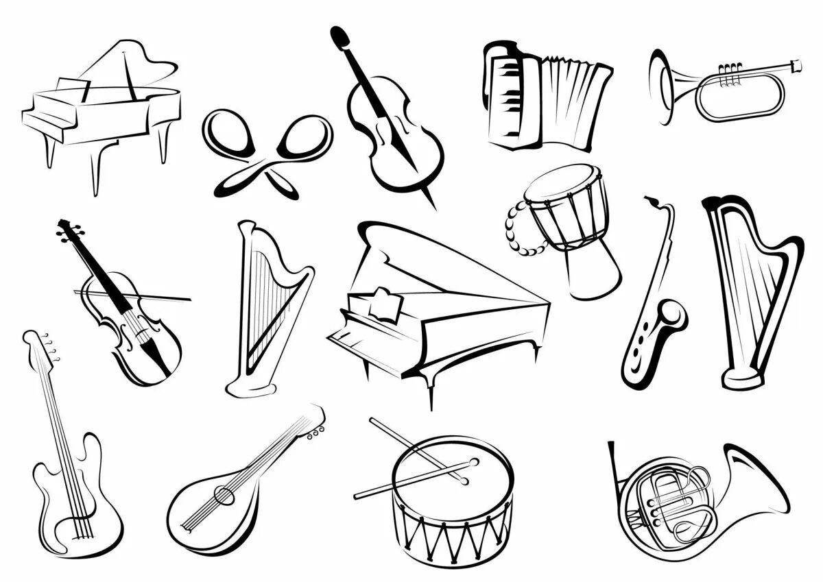 Colouring page with amazing musical instruments