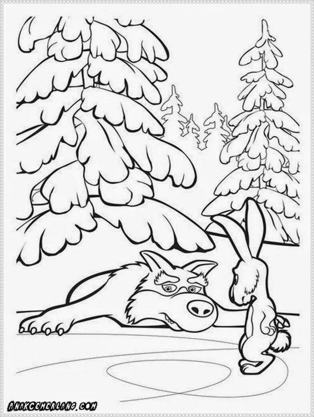 Coloring page charming winter forest with animals