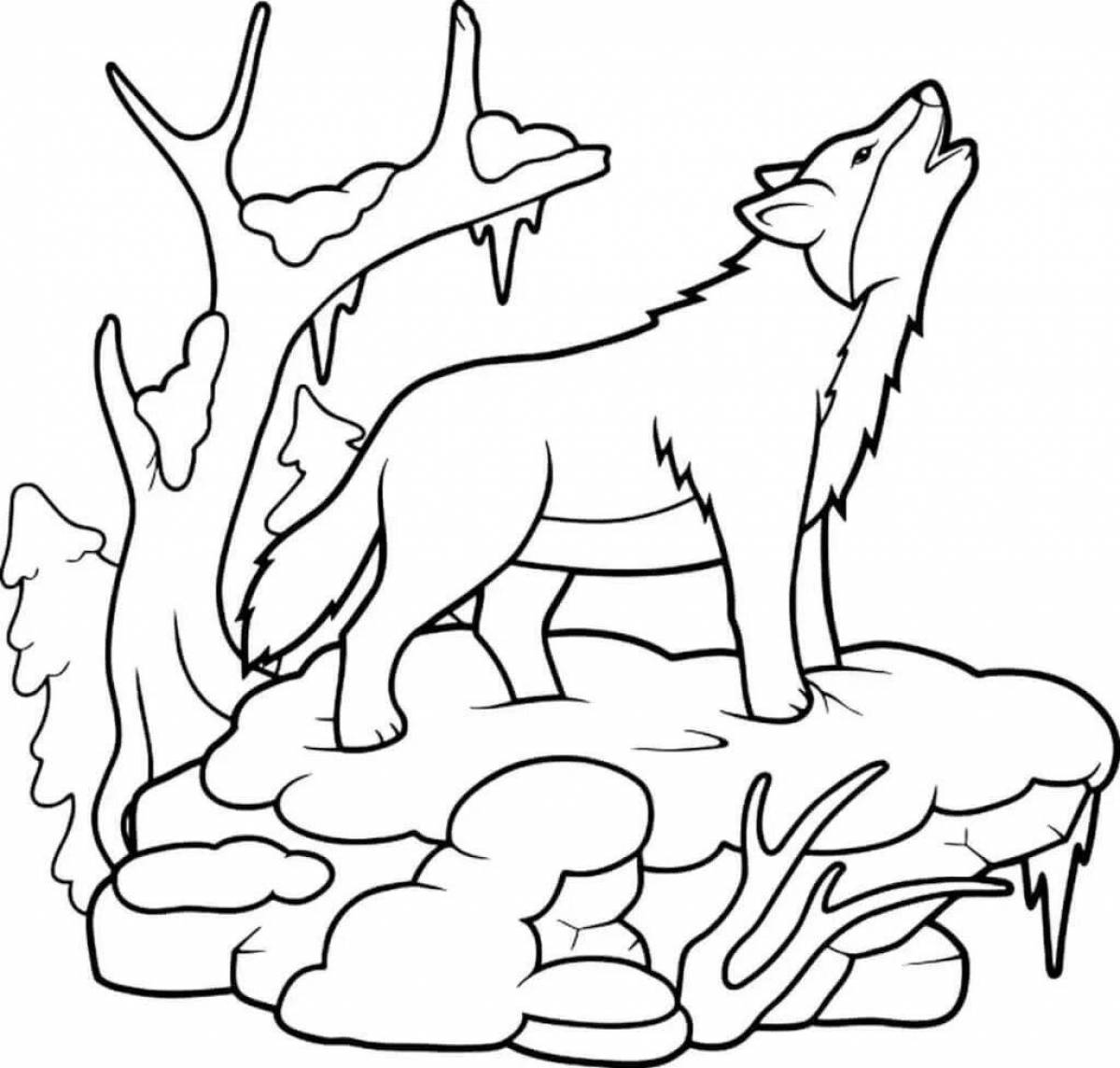 Coloring page majestic winter forest with animals