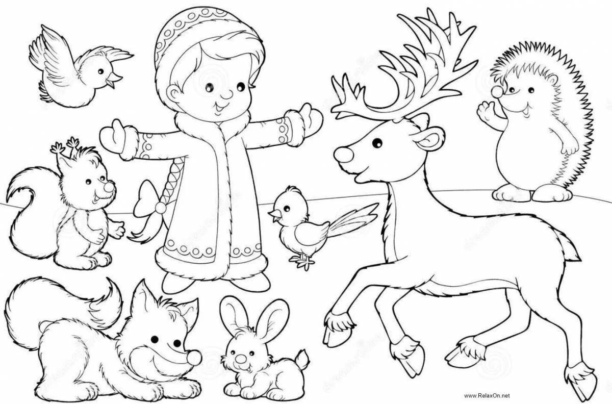 Coloring book exquisite winter forest with animals
