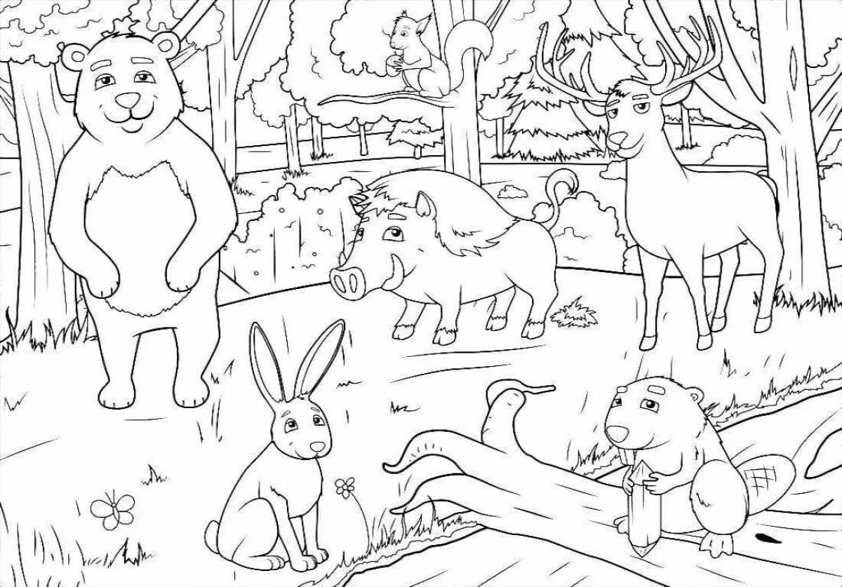 Coloring book radiant winter forest with animals