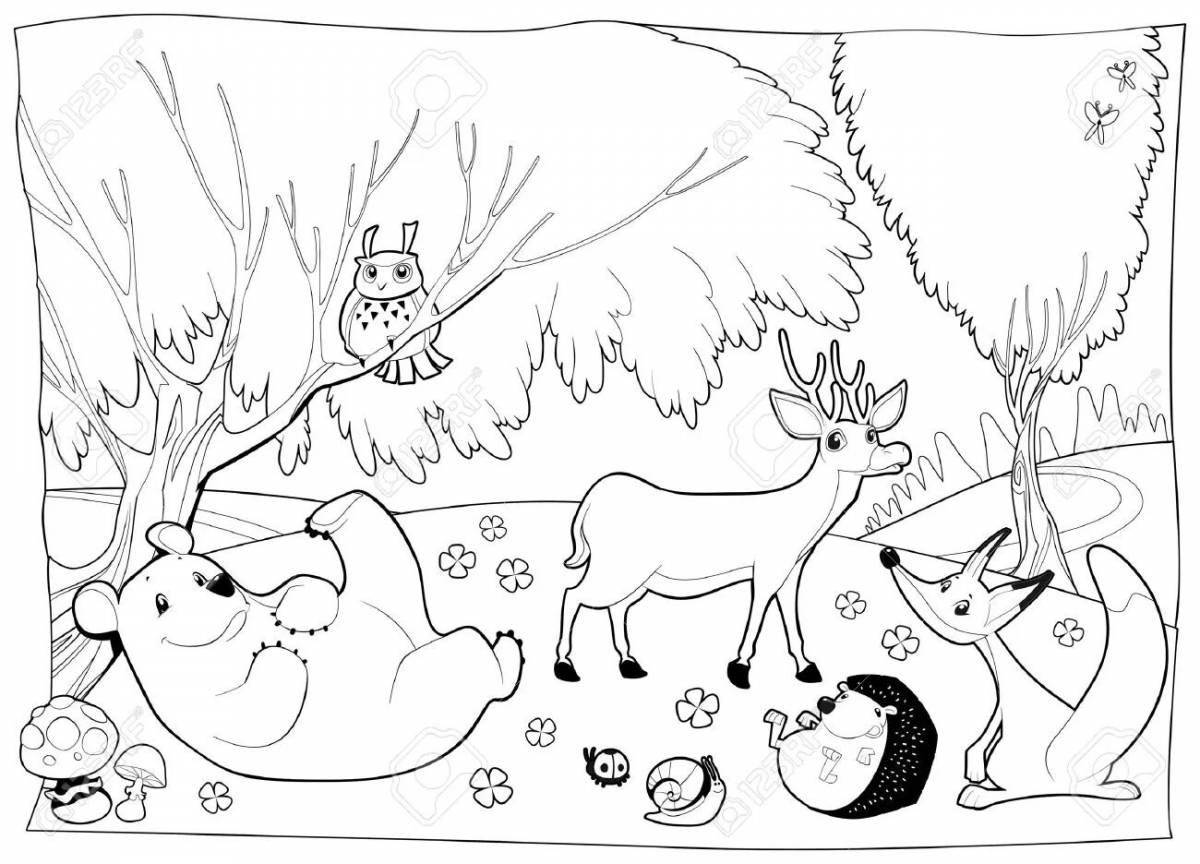 Living winter forest with animals coloring book