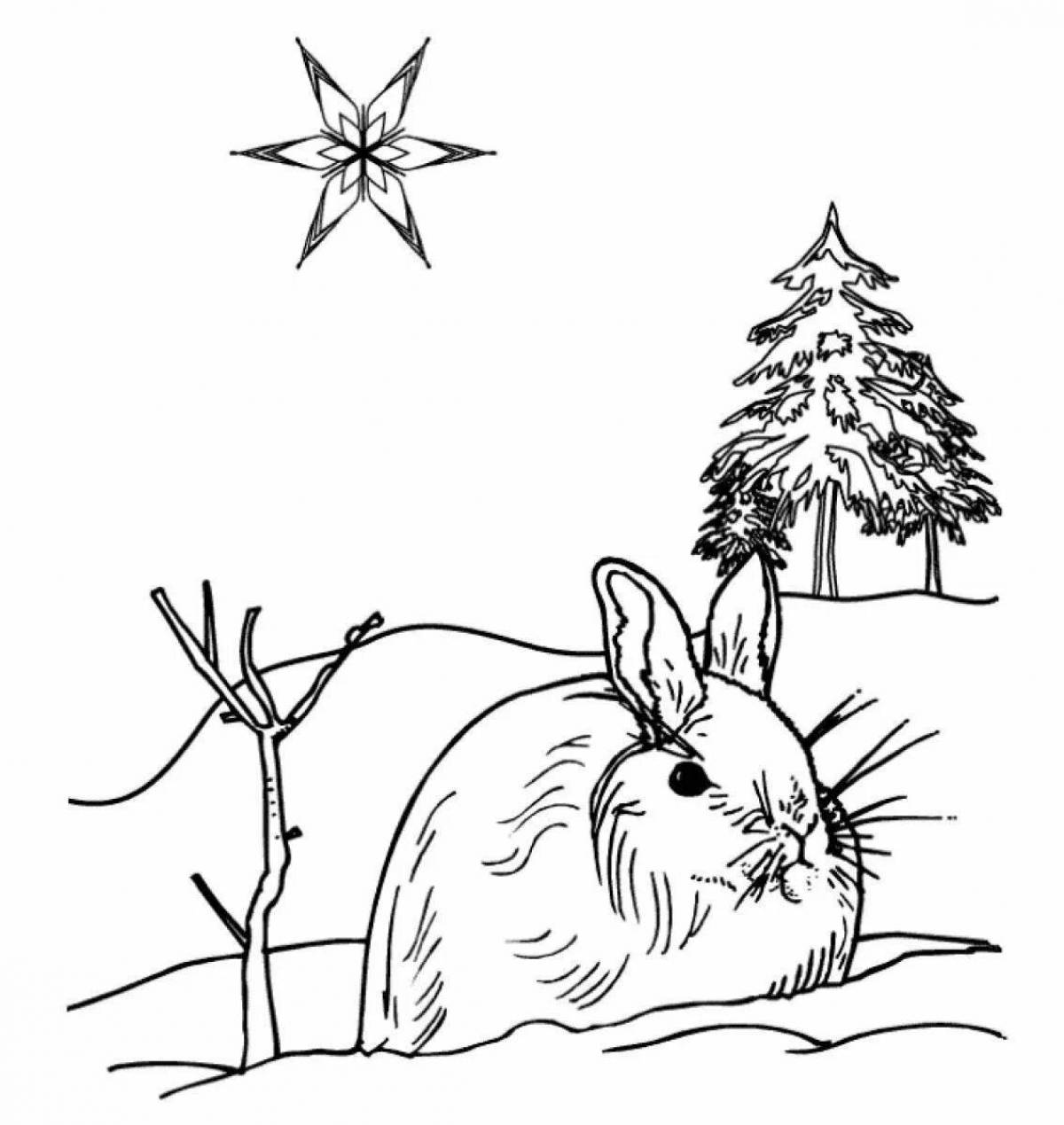 Coloring book glowing winter forest with animals
