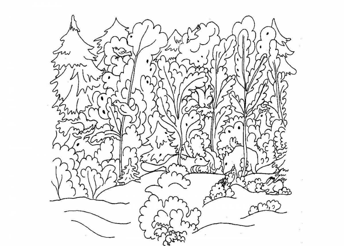 Coloring page inviting winter forest with animals