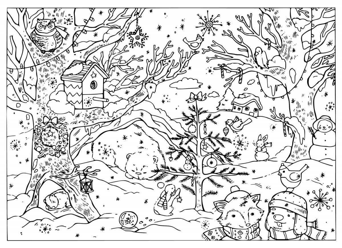Adorable winter forest coloring page with animals
