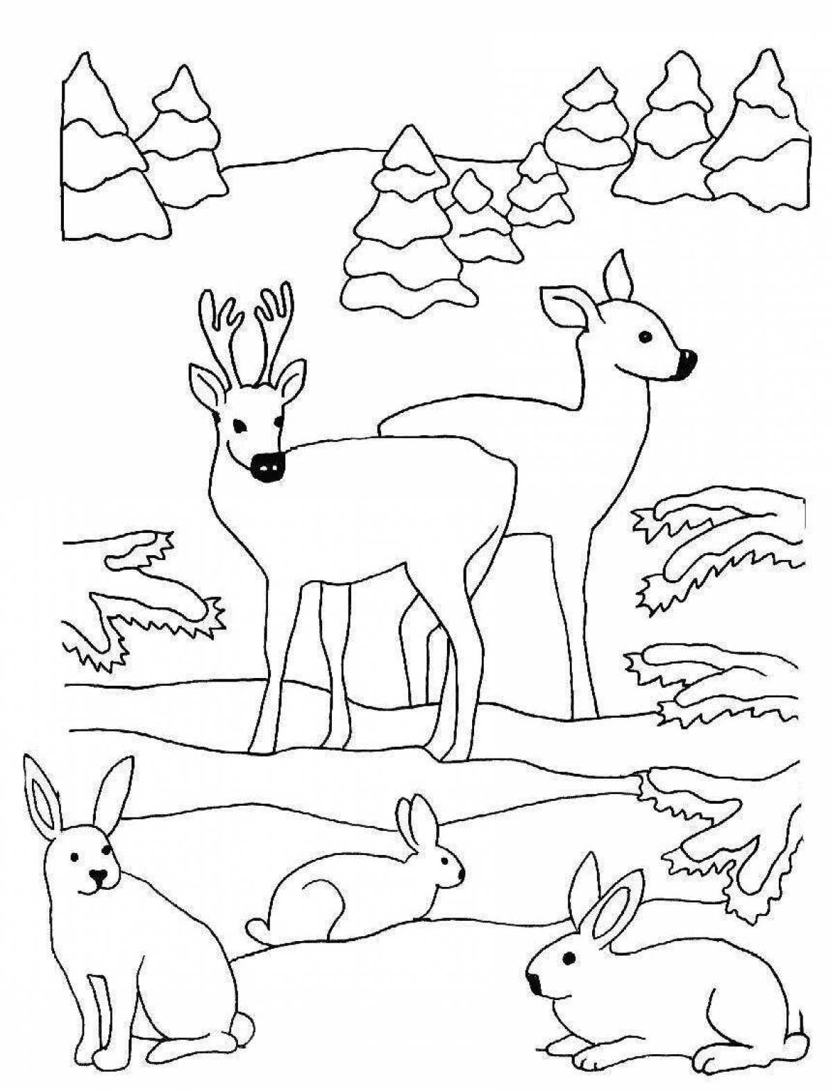 Раскраска веселый зимний лес с животными