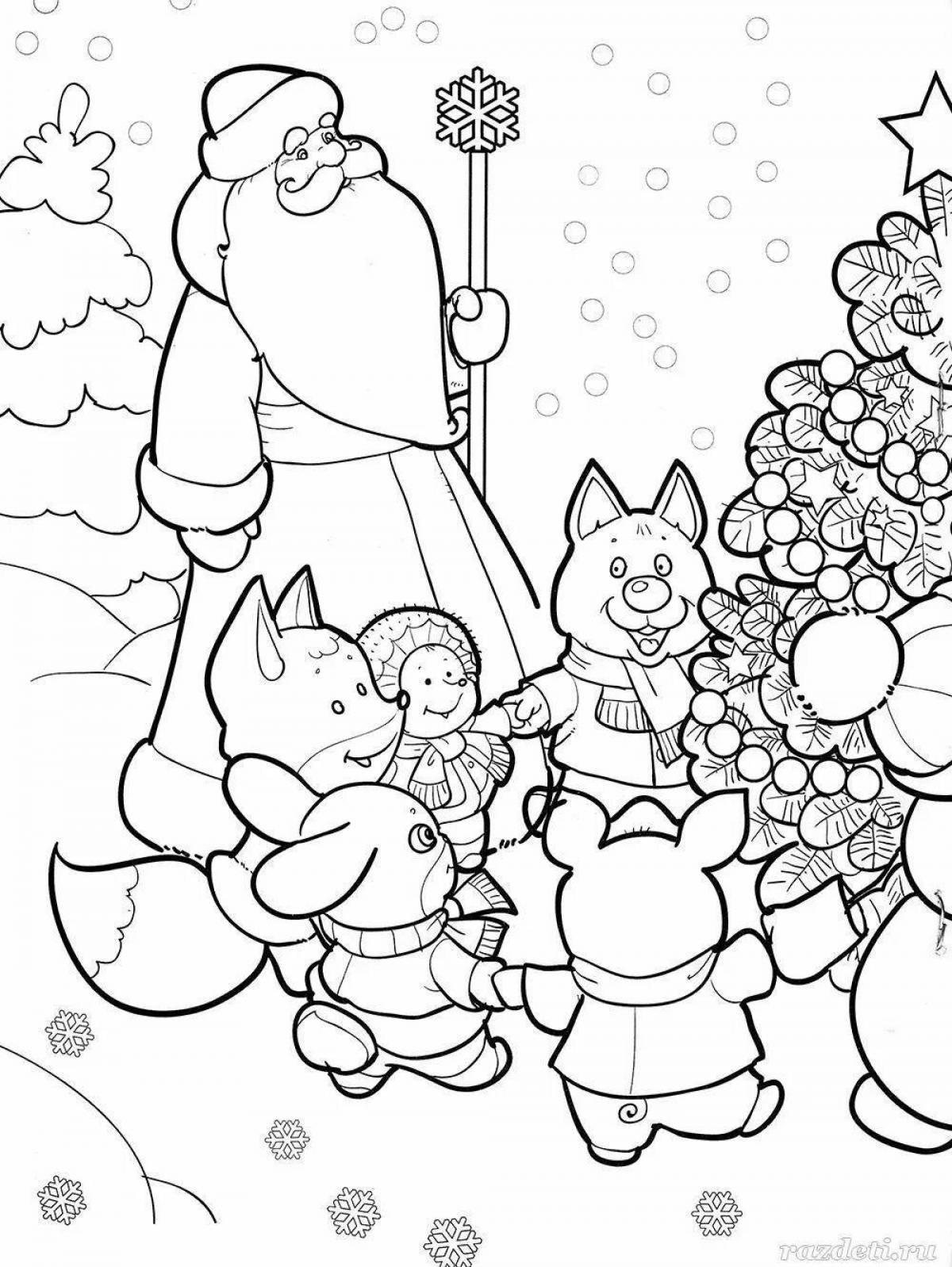 Coloring book festive Santa Claus and animals